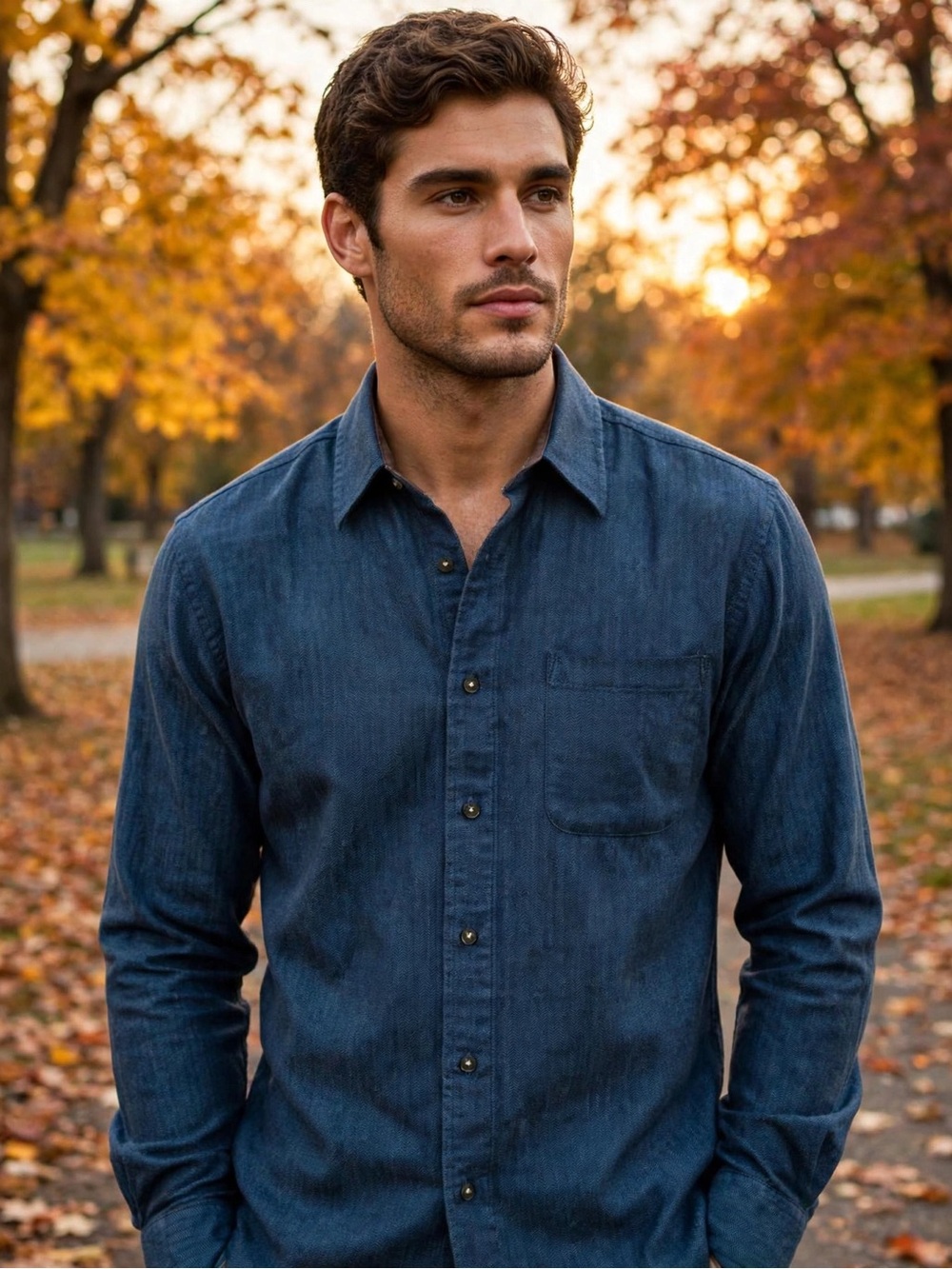 Haggar Men’s Large Blue Herringbone 100% Cotton Long Sleeve Button Down Shirt